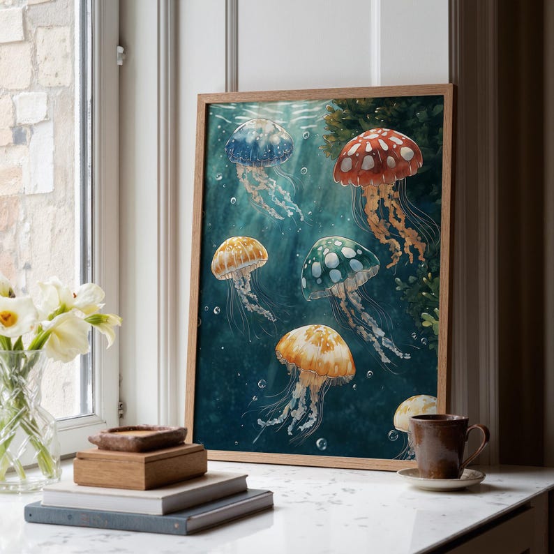 May include: A framed wall art print featuring five jellyfish in shades of blue, red, green, and orange swimming in deep teal water. The jellyfish have translucent bells with white spots and long, flowing tentacles. The print is in a light wood frame.