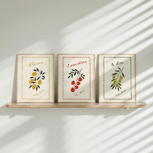 May include: Three rectangular framed wall art prints featuring botanical illustrations of yellow lemons, red tomatoes, and green olives. Each print includes a decorative dashed border and Italian text: Il limone, Il pomodoro, and le olive.