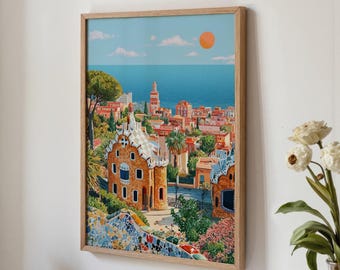 Pôster do Parque Güell de Barcelona: Impressão artística da arquitetura de Gaudí (Download digital)