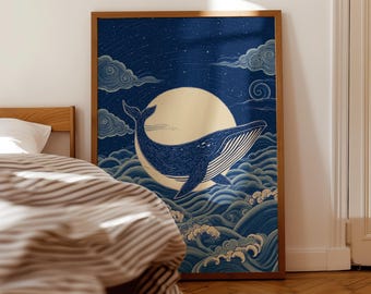 Humpback Whale Print: Blue Wave, Japandi Coastal Art (Digital Download)