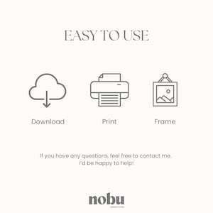 May include: A graphic with the text EASY TO USE featuring three gray icons: a cloud with a downward arrow labeled Download, a printer labeled Print, and a framed picture labeled Frame. Below is the text: If you have any questions, feel free to contact me. I'd be happy to help! and the logo nobu DESIGN STUDIO.