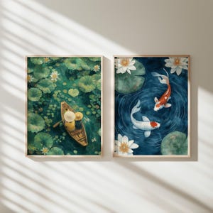 Láminas artísticas japonesas de peces koi y estanque de lotos: Decoración zen (descarga digital)