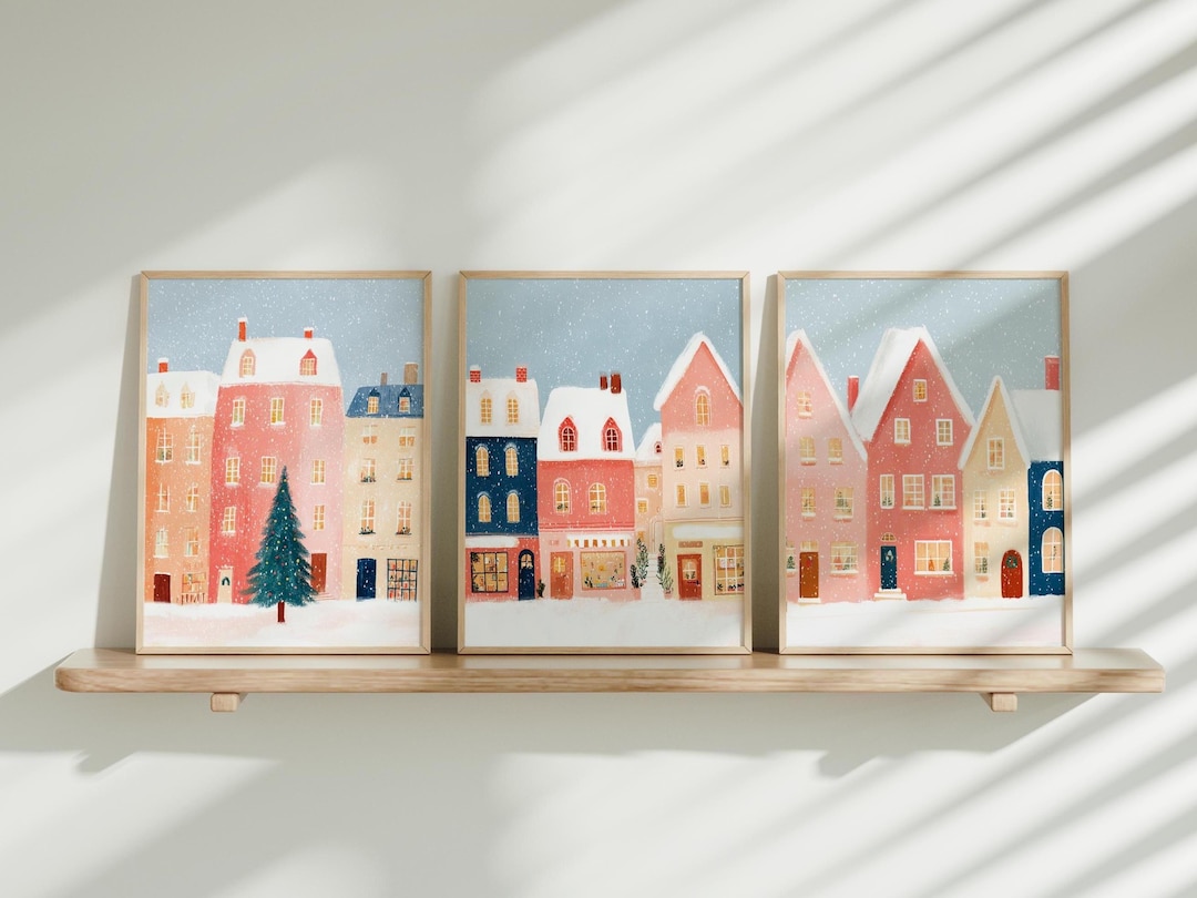 Christmas Village Print Set of 3: Snowy Winter Town Art (digital ...