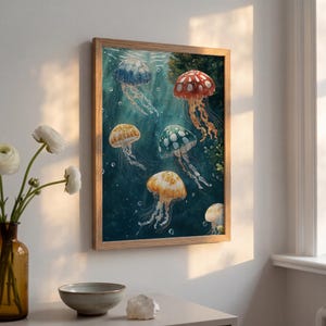 May include: A framed wall art print featuring a deep blue underwater scene with five jellyfish in shades of blue, red, green, and yellow. The jellyfish have long, flowing tentacles and are surrounded by small bubbles against a dark background.