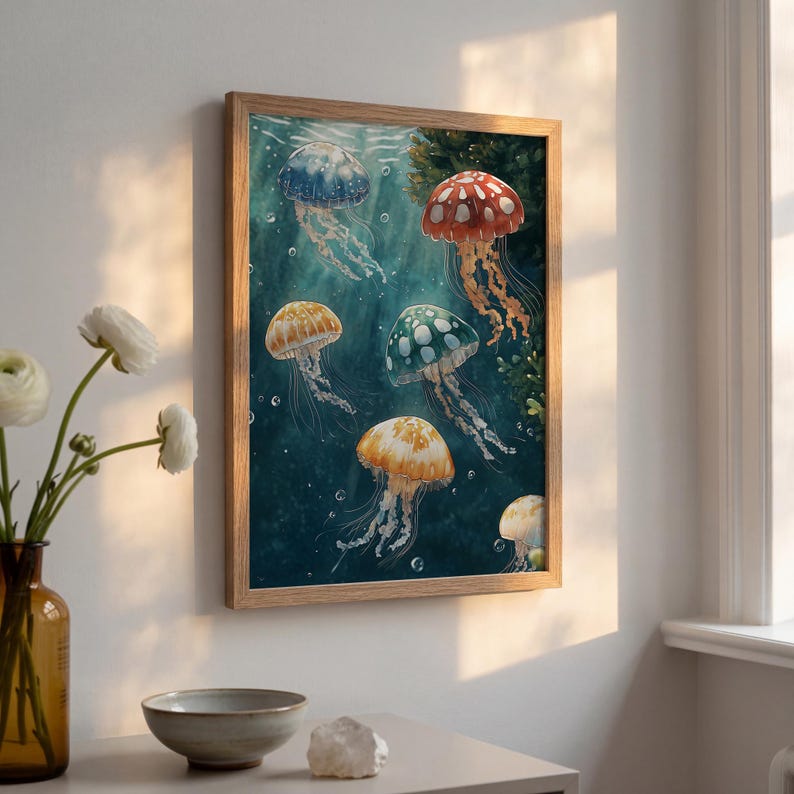 May include: A framed wall art print featuring a deep blue underwater scene with five jellyfish in shades of blue, red, green, and yellow. The jellyfish have long, flowing tentacles and are surrounded by small bubbles against a dark background.