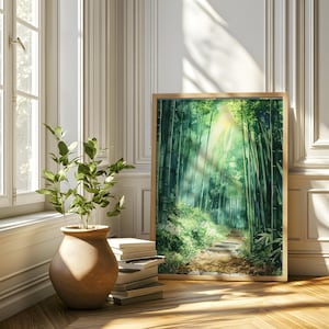 Stampa artistica da parete con foresta di bambù - Poster con natura serena, dipinto di un sentiero di bambù zen, decorazione della foresta con acquerelli, arte da parete per la casa verde