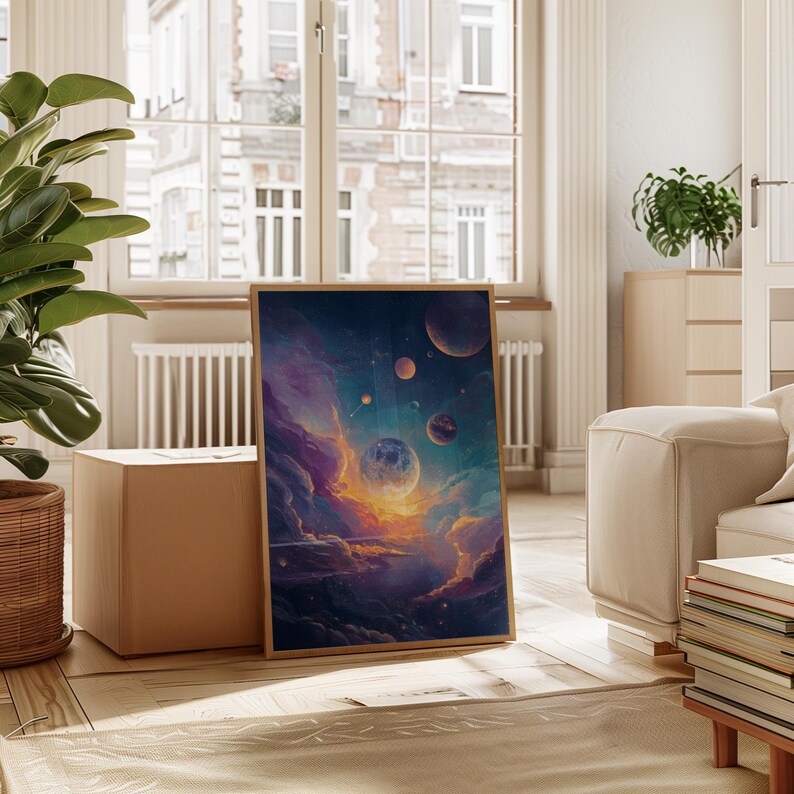 May include: A framed art print featuring a vibrant depiction of a celestial scene. The artwork showcases planets, nebulae, and clouds in shades of blue, purple, and orange. The print is displayed in a room with natural light and a neutral color palette.