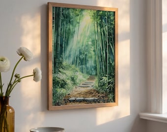 Stampa ad acquerello di una foresta di bambù zen: serena decorazione murale verde (download digitale)