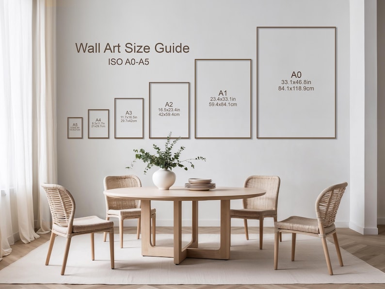 May include: A wall art size guide chart labeled ISO A0-A5 with six rectangular frames showing dimensions in inches and centimeters, ranging from A5 to A0, displayed above a round light wood dining table with four matching woven chairs.