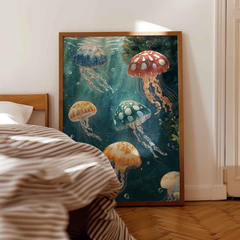 May include: A framed wall art print featuring a deep teal underwater scene with multiple jellyfish in shades of blue, red, green, and yellow. The jellyfish have translucent bells with white spots and long, flowing tentacles drifting in the water.