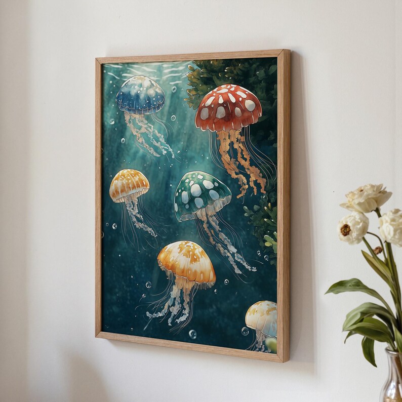 May include: A framed wall art print featuring a deep teal underwater scene with six jellyfish in various colours including blue, red, yellow, and green, each with long trailing tentacles and white spots, displayed in a light wood frame.