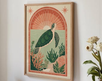 Volkskunstdruk zeeschildpad: boho kustmuurdecor (digitale download)