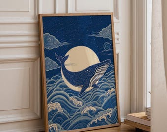Humpback Whale Print: Blue Wave, Japandi Coastal Art (Digital Download)