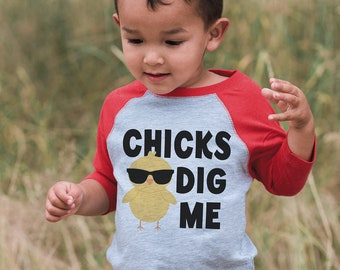 Funny Boy's Easter Shirt - Chick's Dig Me - Baby Chick Spring Tshirt - Novelty Outfit for Baby, Kids, Toddler, Youth - Red Raglan Shirt