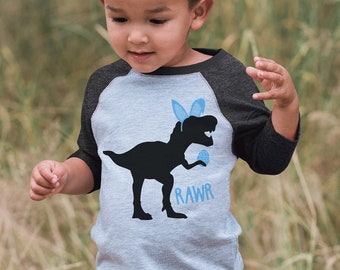 Boys Easter Shirt - Blue Dinosaur Easter Shirt  - Boy Easter Egg Hunt Shirt - Baby, Toddler, Youth - Bunny Ears - Easter Egg - Grey Raglan