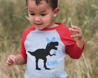 Boys Easter Shirt - Dinosaur Easter Shirt  - Boy Easter Egg Hunt Dino Shirt - Baby, Toddler, Youth - Bunny Ears - Easter Egg - Red Raglan
