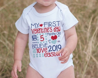 First Valentine's Day Outfit - Personalized Valentine Onepiece - Baby's First Holiday - Kids 1st Valentines Day Stat Bodysuit for Baby Boys