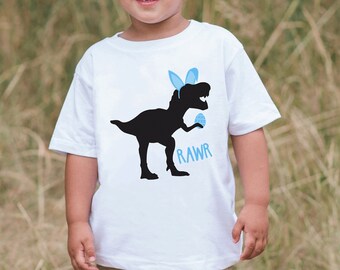 Kids Easter Shirt - Funny Dinosaur Easter Bunny Onepiece or Tshirt - Boys Happy Easter Shirt - Baby Toddler Youth Blue Bunny Ears Dino Shirt