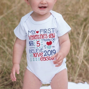 First Valentine's Day Outfit - Personalized Valentine Onepiece - Baby's First Holiday - Kids 1st Valentines Day Stat Bodysuit for Baby Boys