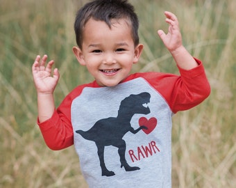 Kids Valentines Shirt - Dinosaur Valentine's Day Shirt  - Girls or Boys Dino Valentine Outfit - Baby, Toddler, Youth - Red Valentines Shirt