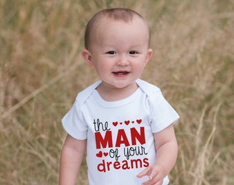 Boys Valentines Day Outfit - The Man of Your Dreams Valentines Onepiece - Boys Valentine Bodysuit - First Valentine's Day - Red Hearts