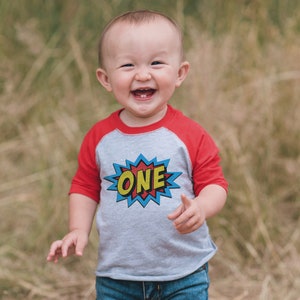 Kids Superhero Shirt - One Super Hero Birthday Outfit - Boy or Girl 1st Birthday - Matching Family Comic Shirts - Baby, Toddler - Red