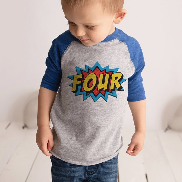 Kids Superhero Shirt - Four Super Hero Birthday - Boy or Girl's 4th Birthday - Matching Family Comic Shirts - Baby, Toddler, Youth - Blue