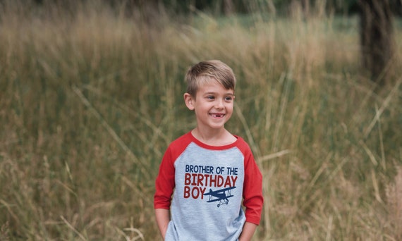 7 ate 9 Apparel Boys Brother Biplane Airplane Blue Raglan Tee