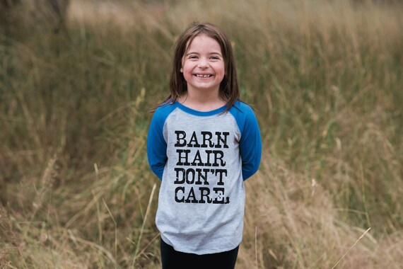 Funny Kids Shirt - Barn Hair Don't Care - Kids Funny T-shirt - Country Outfit - Boys or Girls Blue Raglan - Kids Gift Idea - Baby, Toddler Il_570xn