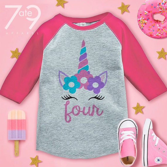 Unicorn Birthday Shirt Girls Forth Birthday Unicorn Flower Crown