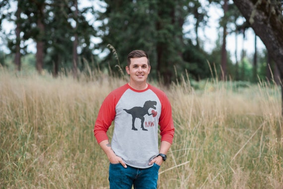 Men's Valentine Shirt - Mens Dinosaur Valentines Day Shirt - Dino Valentines Gift for Him - Funny Happy Valentine's Day - Red Raglan Shirt Il_570xn