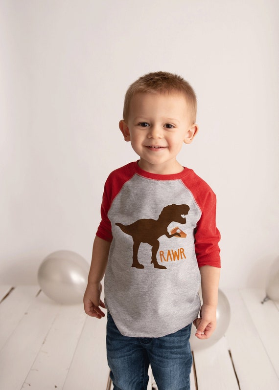 Kids Thanksgiving Shirt - Funny Pumpkin Pie Dinosaur - Red Raglan Tshirt - Funny Thanksgiving Dino Shirt - Boy or Girls Thanksgiving Tee Il_570xn