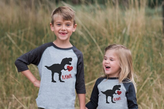 Kids Dinosaur Valentines Shirt - Funny Dinosaur Valentine's Day Shirt - Boys Dino Valentine Raglan Tee - Baby, Toddler, Youth - Grey Raglan Il_570xn