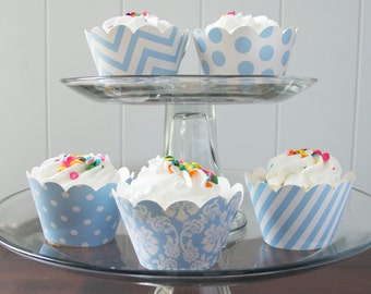 12 Light Blue Cupcake Wrappers - PICK YOUR PATTERN - Blue Cupcake Wrappers - Great for Birthday Parties, Baby Showers & Wedding Receptions