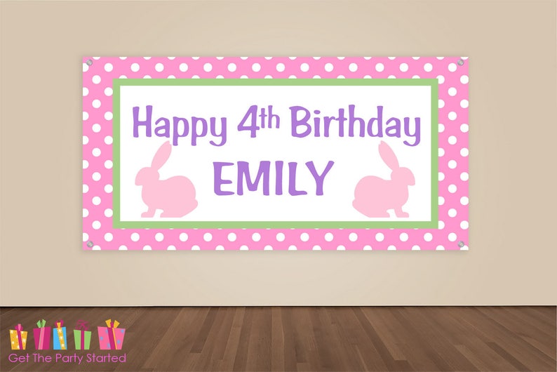 Party Banner Rabbit Party Backdrop Pink Bunny Birthday Decorations HAPPY BIRTHDAY Banner Vinyl Banner Girls Birthday Party