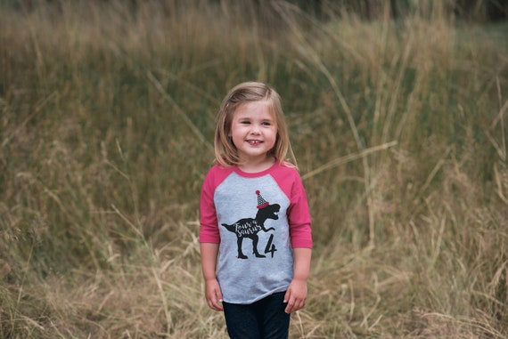 Dinosaur Four Birthday Shirt - Girls Fourth Birthday Dino Tshirt - Dino Four Birthday Shirt - Pink Raglan 4th Birthday Tee - Fourasaurus Il_570xn