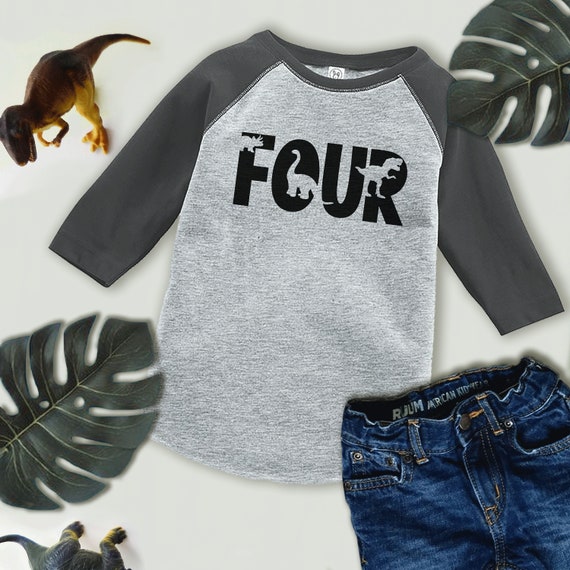 Dinosaur Birthday Shirt - Boys Four Birthday Dino Shirt - Dino Birthday Shirt - Grey Raglan Dinosaur Tee - 4th Birthday Shirt - Dino Four Il_570xn
