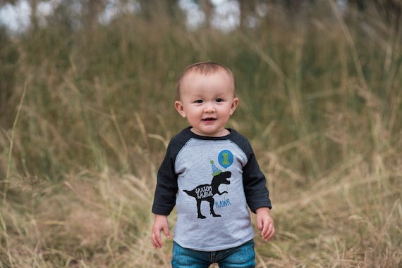 Boy's Dino Birthday Shirt - Dinosaur Birthday Shirt - Tshirt Birthday Outfit - Grey Raglan Birthday Shirt - Funny Trex Party Hat Il_570xn