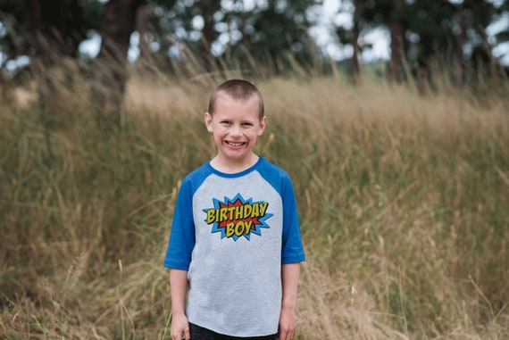 Boys Super Hero Birthday Shirt - Superhero Birthday Boy Shirt - Youth, Toddler, Baby Birthday Outfit - Blue Raglan - Kids Baseball Tee 1 Il_570xn