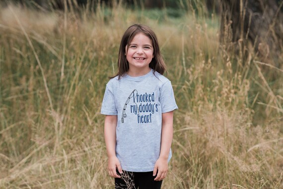 Kid's Father's Day Shirt - Hooked Daddys Heart - Kids Fishing Shirt or Onepiece - Happy 1st Father's Day Tshirt - Youth, Toddler, Kids. Grey Il_570xn