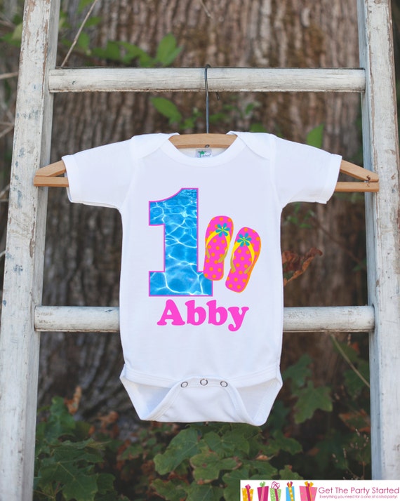 Pool Party Onepiece Bodysuit - First Birthday Bodysuit - Personalized Pool Party Outfit with Baby Girl's Name and Age and Flip Flop Sandals Il_570xn