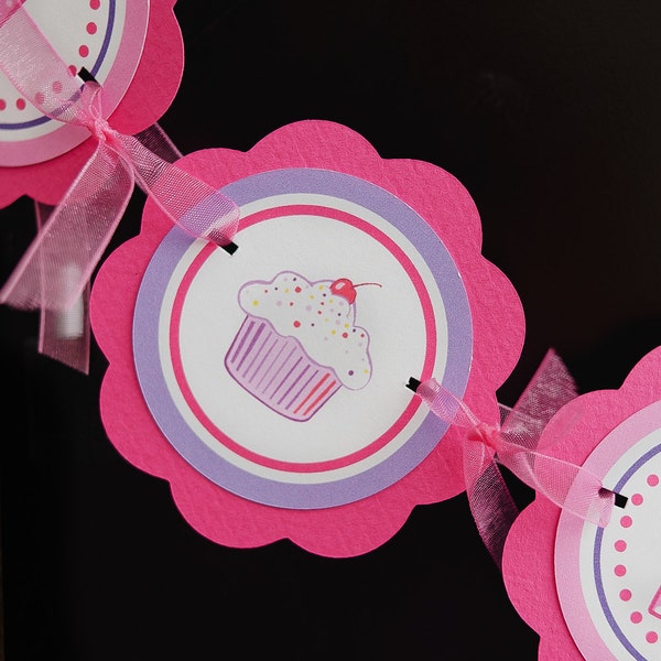 Cupcake Birthday Party Decorations - I am 1 MINI BANNER - Cupcake Theme Hot Pink and Purple, First Birthday Party