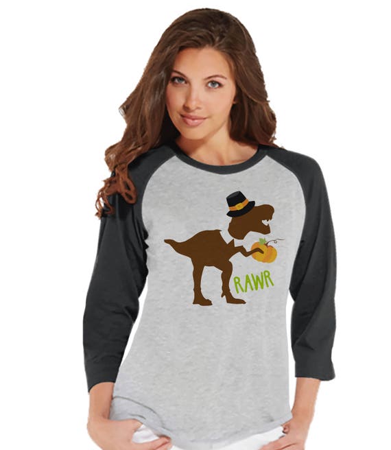 Funny Women's Thanksgiving Shirt - Dino Pilgrim - Funny Ladies Thanksgiving Dinosaur Happy Thanksgiving Dinner - Grey Raglan Tee - Fall Dino Il_570xn