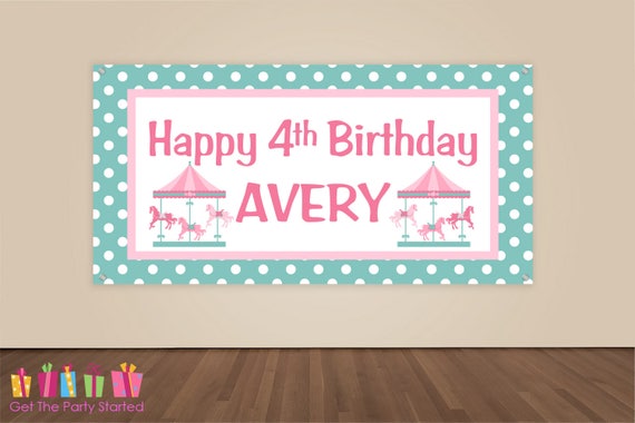 Happy Birthday Banner Pink Carousel Birthday Decorations