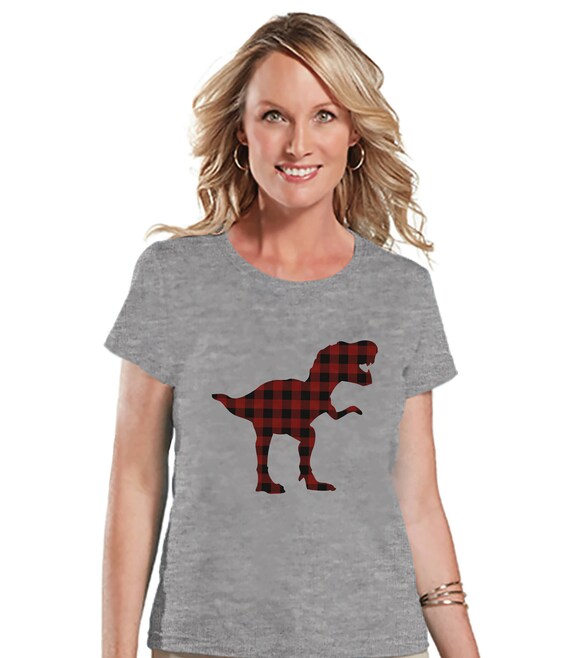 Women's Dinosaur Shirt - Buffalo Plaid Dino Grey T-shirt - Ladies Dinosaur Shirt - Plaid Dinosaur Shirt - Dinosaur Gift Idea for Her Il_570xn
