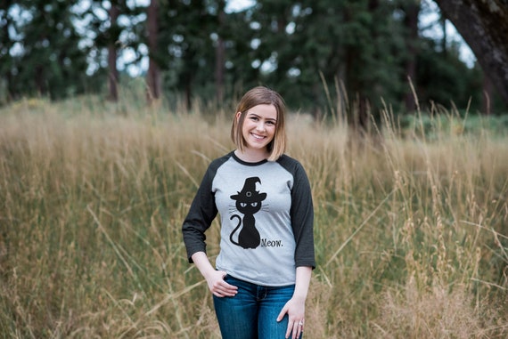 Black Cat Halloween Shirt - Adult Halloween Costumes - Meow Shirt - Women's Costume Tshirt - Ladies Grey Raglan Tee - Happy Halloween Top Il_570xn