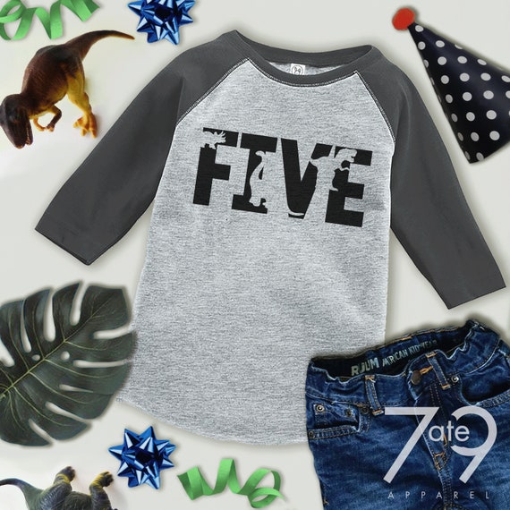 Dinosaur Birthday Shirt - Boys Fifth Birthday Dino Tshirt - Dino Birthday Shirt - Grey Raglan Dinosaur 5th Birthday Shirt - Dino Five Shirt Il_570xn