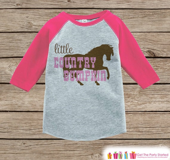 Novelty Girl's Outfit - Cowgirl Little Country Bumpkin Pink Raglan Shirt - Pink Baby Girls Tshirt - Novelty Raglan Tee - Horse Il_570xn