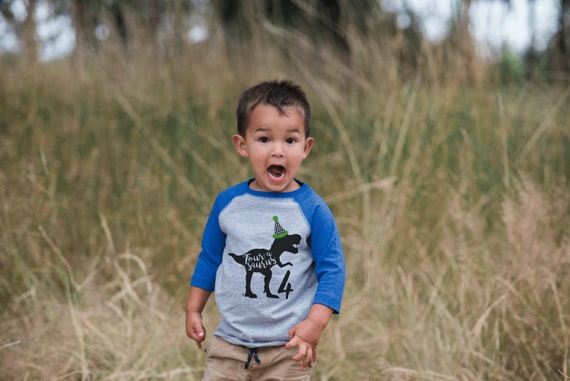 Dinosaur Four Birthday Shirt - Boys 4th Birthday Dino Baseball Tee - Dino Forth Birthday Shirt - Blue Raglan 4th Birthday - Fourasaurus Il_570xn