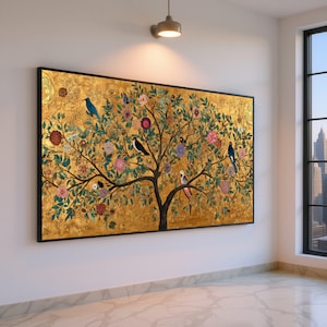 Gustav Klimt Tree of Life Canvas, Decorative Floral Wall Art, Gold Leaf Nature Painting, Bird and Flower Canvas, Elegant Home Decor